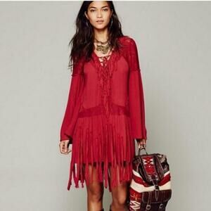 Free People Red Fringe Mini Dress